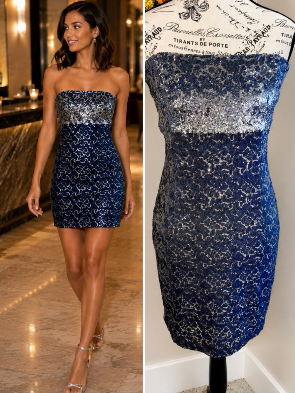 Alice + Olivia Navy and Silver Sequin Strapless Mini Dress